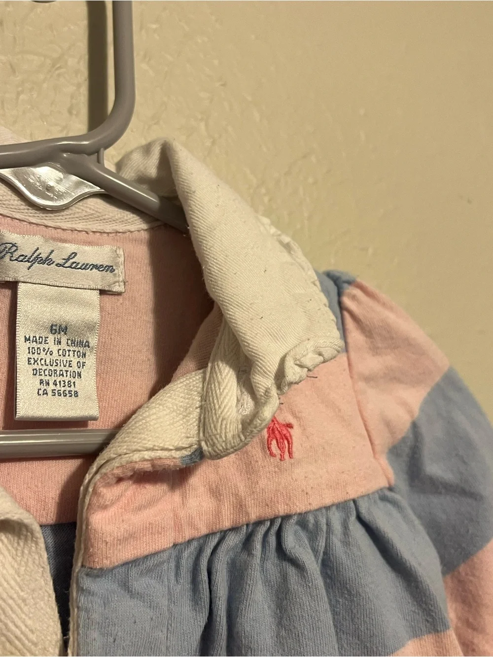 Vintage Ralph Lauren Girl Romper Long Sleeve Stripes Blue Pink 6M 100% Cotton